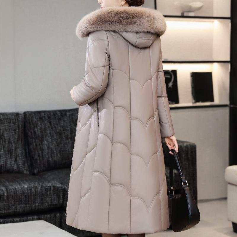 Middelbare leeftijd Vrouw Winter Faux Schapenvacht Jassen Capuchon Bontkraag Elegant Dik Warm Winter Lange Parka's Dames Leren Jas