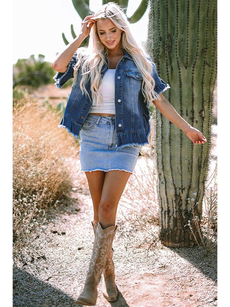 Frühling/Sommer 2025 Damen Europäisch-Amerikanische Gradient Ausgefranste Jeansjacke - Einreihig, Mehrknöpfig, Locker Geschnittenes Mode-Oberteil