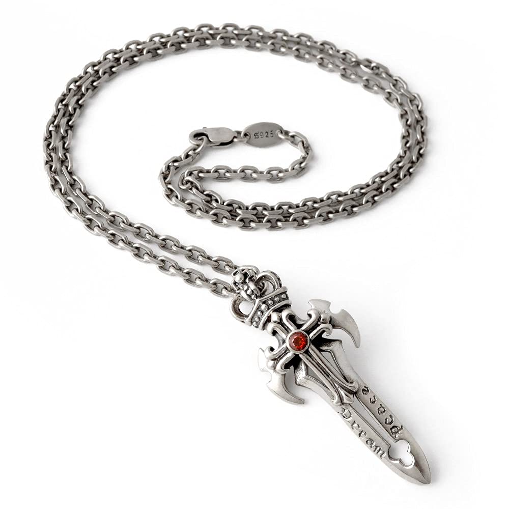 

Серебро 925 пробы Меч Крест Корона Красный камень Цепочка Азуки Ожерелье Подвеска Серебро Серебро Уникальный Мужской Металл Гипоаллергенный [Серебро KYASYA]