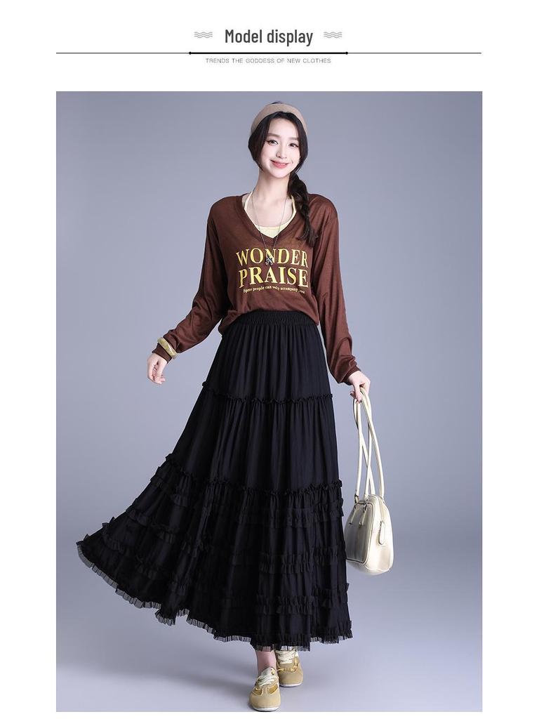 2026 Summer Women's Korean A-Line White Midi Skirt – High Waist, Lace Trim, Drape Design