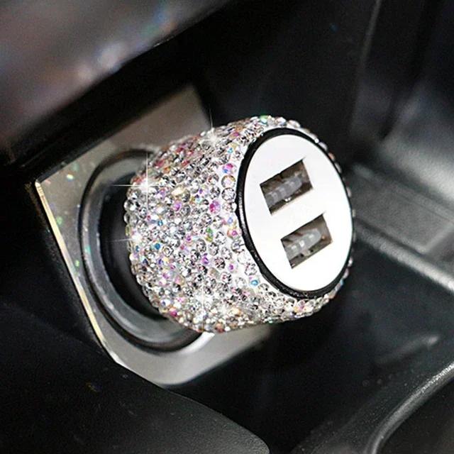 USB Car Charger Bling Bling Handmade Rhinestones Crystal Car Decorations for 3-in-1 5V 2.1A Car Decors for IPhone/Samsung