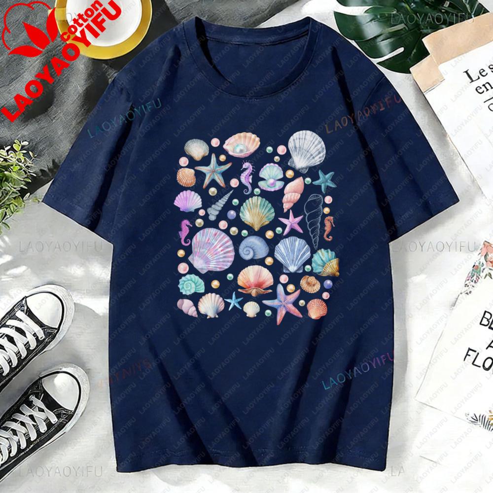 Seashell Pattern Unisex Tshirt Casual Fashion Summer Cotton Short Sleeve Oneck Hot Sale Tops Beach Vacation Clothing Gift Tee
