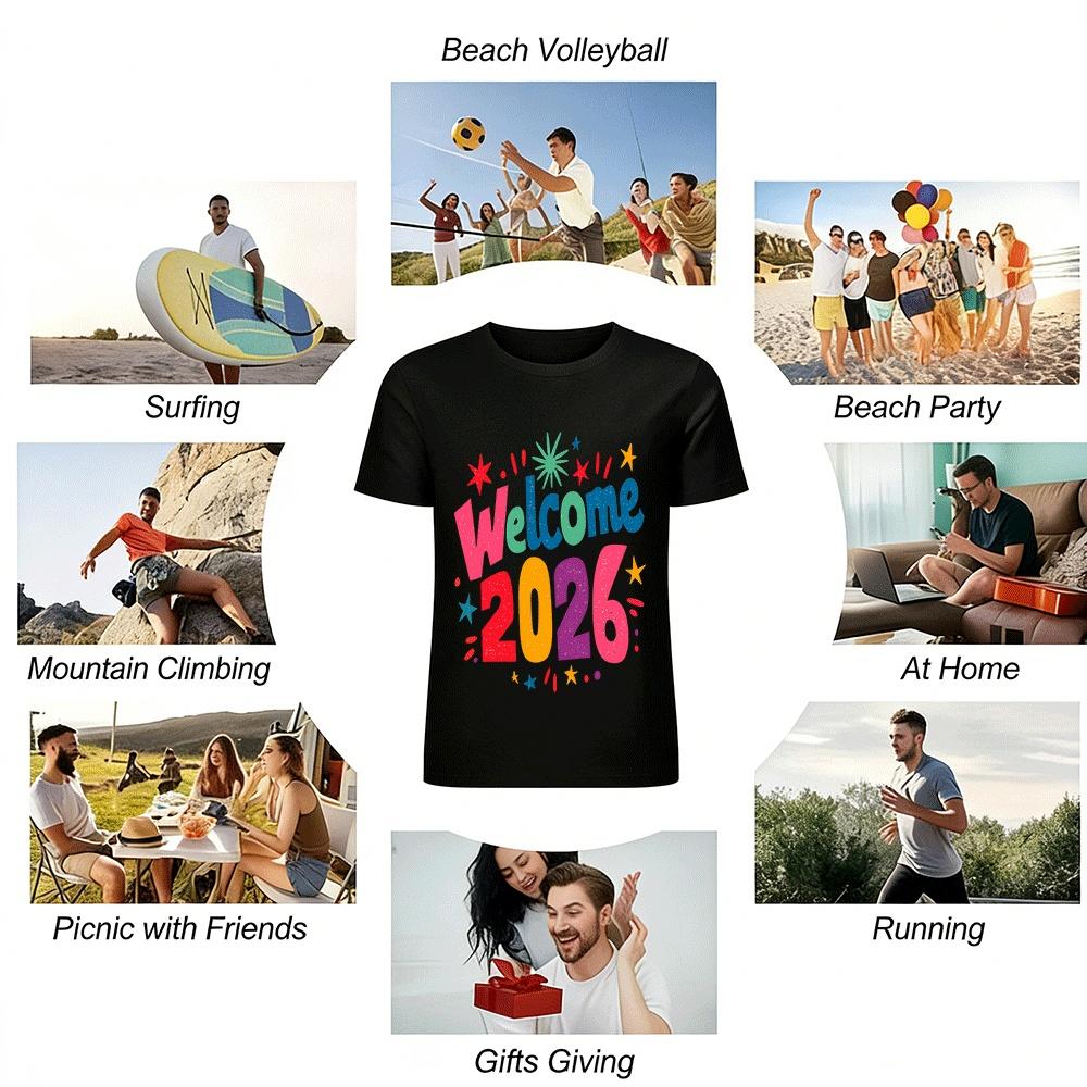 Welcome 2026 Graphic Tee Festive New Year Celebration Printed Top Pure Cotton T-shirt