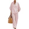Damen Lockerer Schnitt Freizeit Gestreift Leinen Zweiteiliges Set Hemd und Hose Bequem Entspannter Schnitt Leicht Sommer Outfit