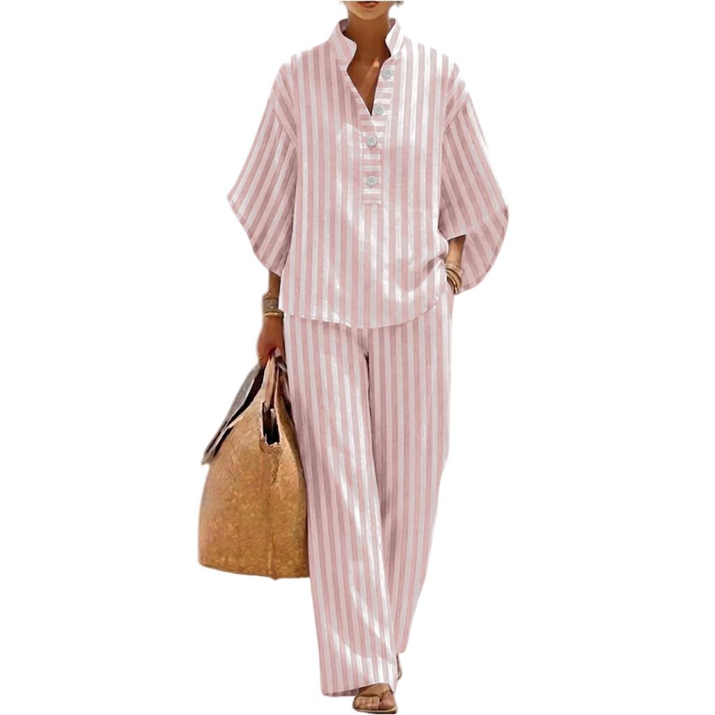 Damen Lockerer Schnitt Freizeit Gestreift Leinen Zweiteiliges Set Hemd und Hose Bequem Entspannter Schnitt Leicht Sommer Outfit