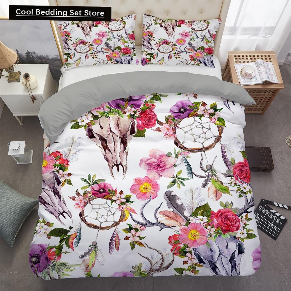 Traumfänger Elch Königin Bettbezug Böhmischer Stil Schmetterling Bettwäscheset für Teenager Mädchen Frauen Ziege Weiß 2/3-teiliger Bettdeckenbezug
