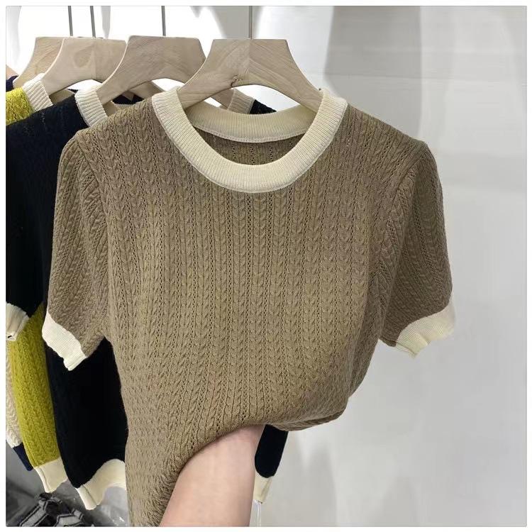

Футболка Twist Thin Knit Женская весна и лето в выдолбленном ретро-иностранном стиле с круглым вырезом и короткими рукавами, повседневные свитера T One Size хаки