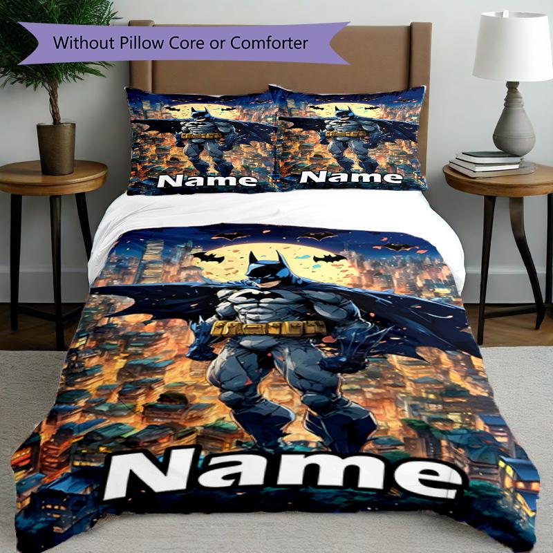 3pcs Duvet Cover Set (1*Duvet Cover + 2*Pillowcase, Without Core), Custom Name Batman Pattern Bedding Set, Home Bedroom Decor Gift