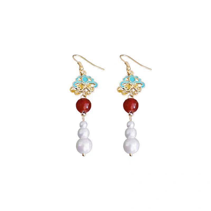 New New Chinese antique red beaded auspicious cloud pearl ear hook premium Hanfu cheongsam earrings