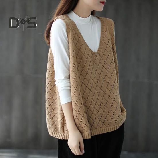 Πλεκτό πουλόβερ γυναικείο γιλέκο άνοιξη φθινοπώρου Ρετρό V λαιμόκοψη Φαρδύ αμάνικο μονόχρωμο πουλόβερ με κούφια υφή ρόμβου καθημερινά μπλουζάκι