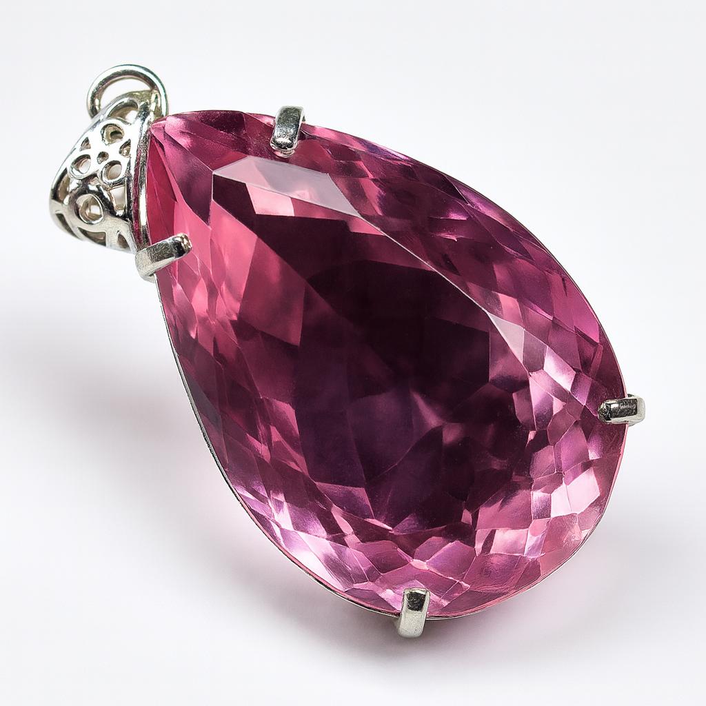 Lab Created Silver Pink Topaz 116.15 Ct CERTIFIED Pear Cut Gemstone Pendant AI-66-NS