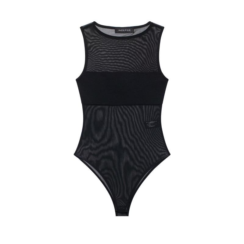 Spring 2026 European & American Style Silk Mesh Patchwork Bodysuit Extra Small