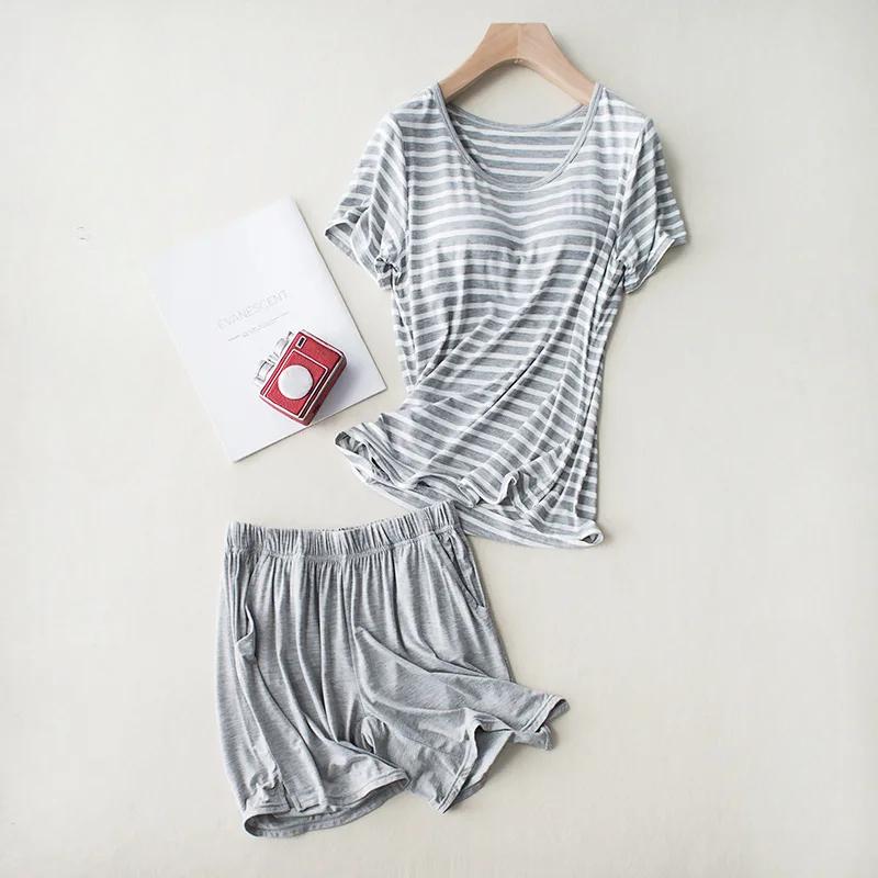New Arrival Modal Lady Short Sleeve Pajamas Set with Bra Pad Bra One Piece Half Sleeve Shorts Striped Relaxed Fit Large Size Home Wear Set