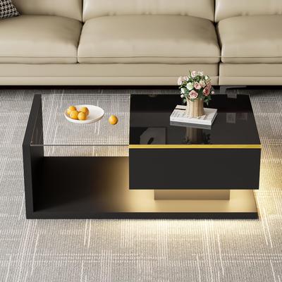 Coffee Table, Side Table with Glass and LED Effect, Practical Storage Space, Modern Living Room Furniture