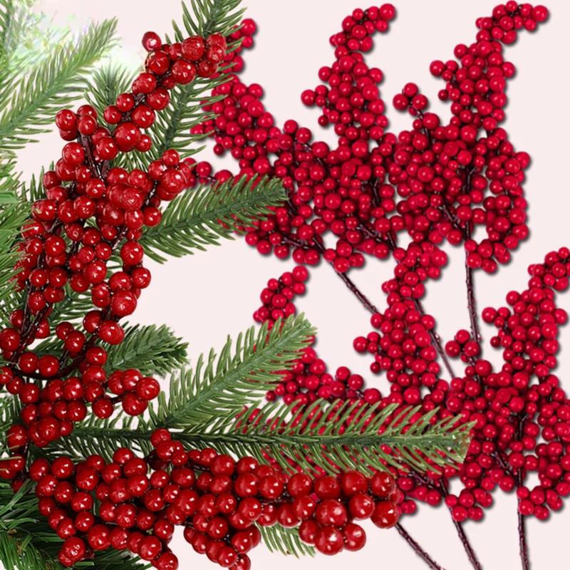 10PCS Christmas Red Holly Berry Branch Simulation Bouquet DIY Christmas Tree Wreath Supplies Wedding Home Atmosphere Decoration