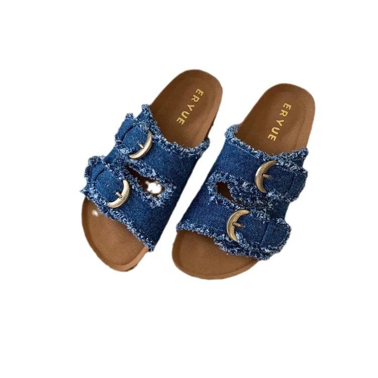 Nuova Moda Fibbia Cintura in Denim Suola Spessa Da Esterno 2024 Estate Infradito Piatte Donna