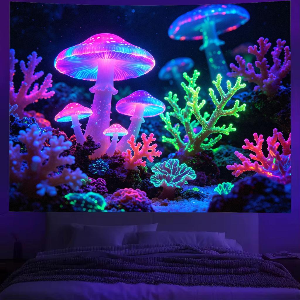 Neon Mushroom Jellyfish Tapestry Trippy Psychedelic Wall Hanging Polyester Fabric Gaming Room Bedroom Decor