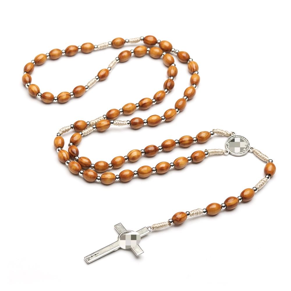 Natural Pine Wood Imitation Prayer Beads Necklace with Spacer Beads, Handwoven Cross-Border Ornament (10x8 Beads)