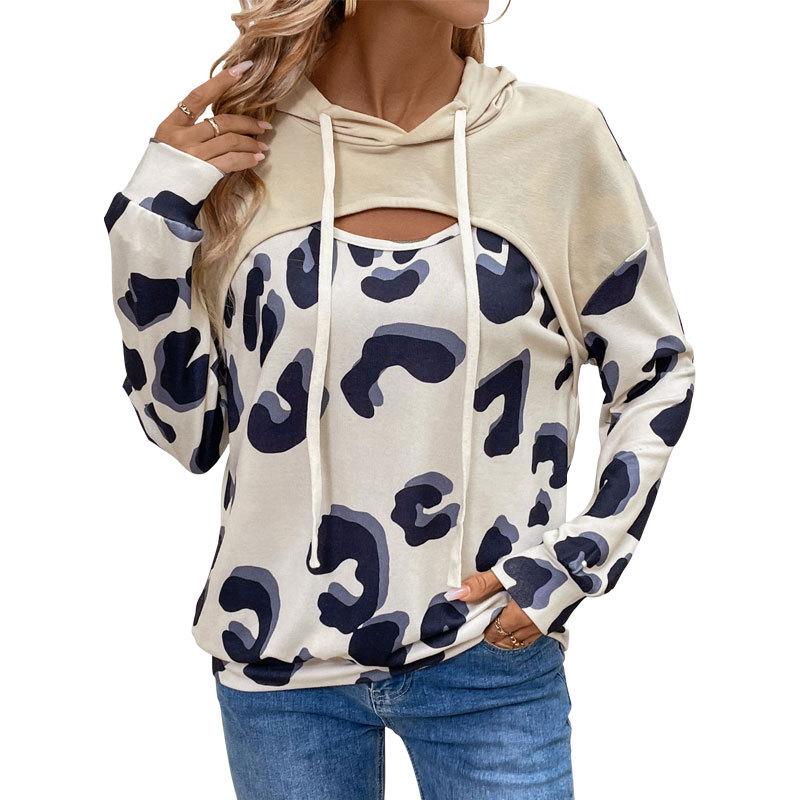 2025 Loose Leopard Print Two-Piece Style Hollow Out Hooded Sweatshirt