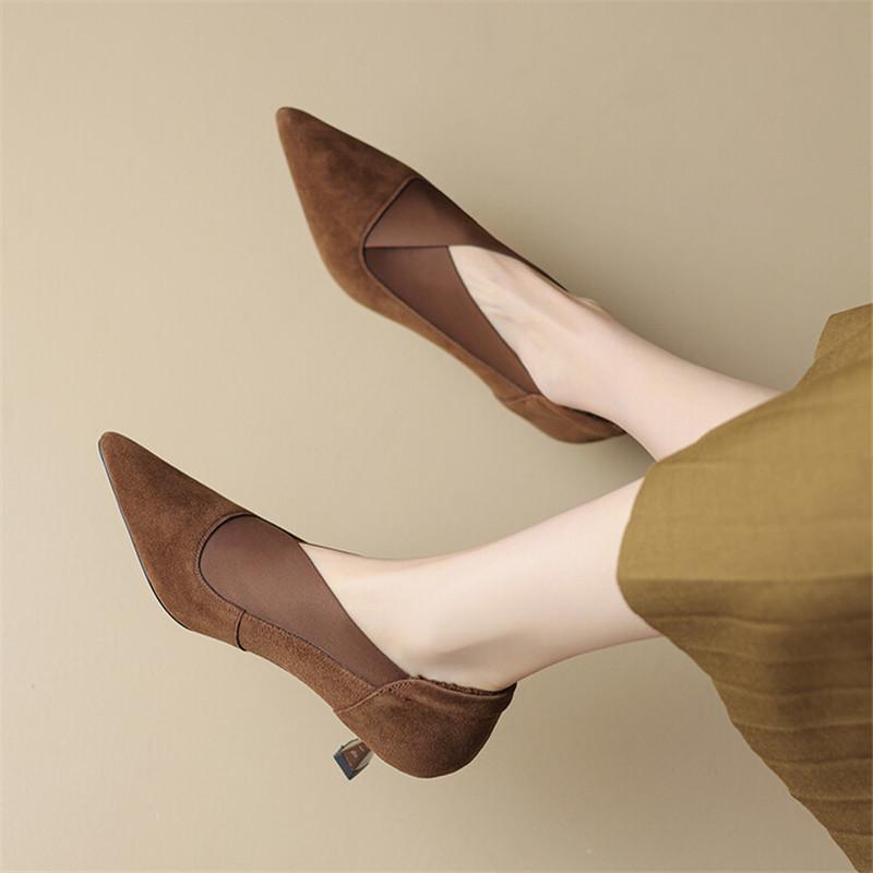 Mote Hot Ny Vår Sauesemsket Skinn Damesko Spiss Tå Plysj Damepumps Sko for Kvinner Høye Hæler Dyp Munn Loafers Zapatos Mujer