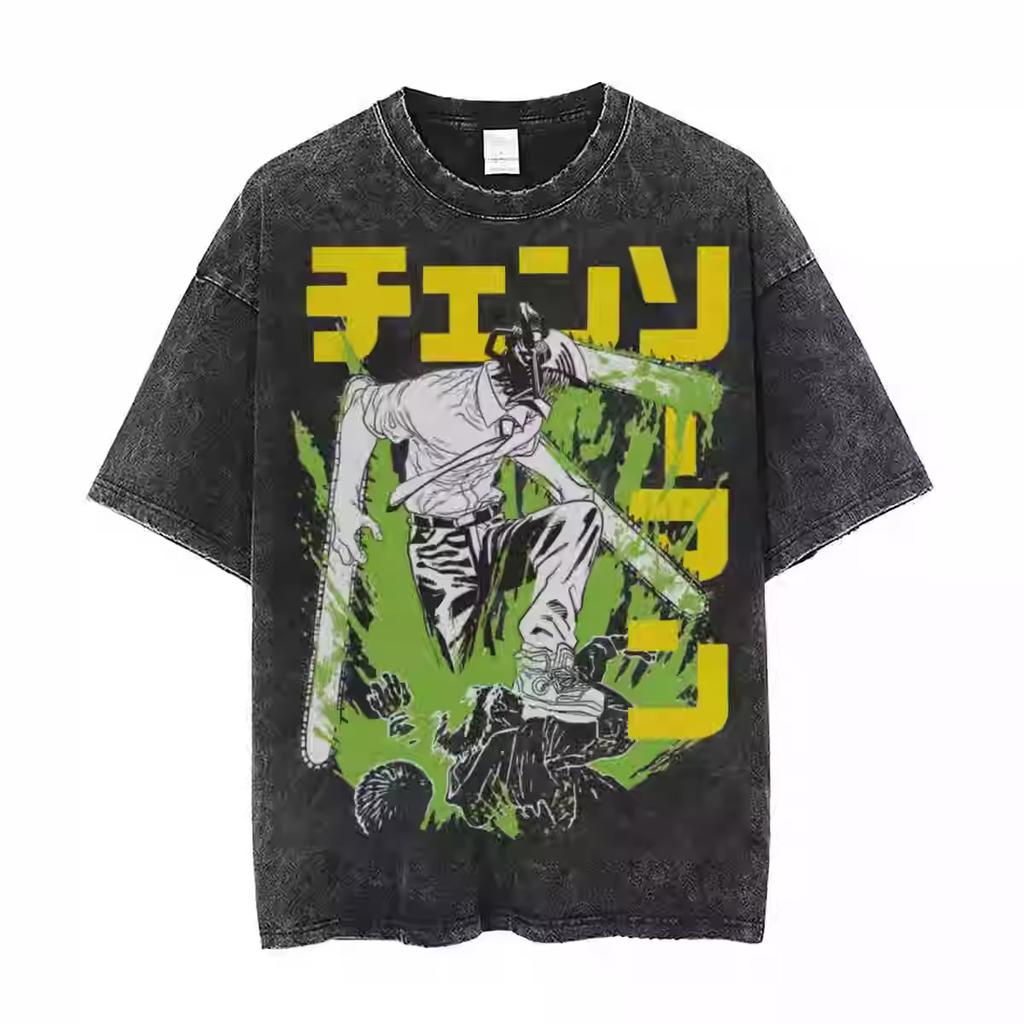 Anime Chainsaw Man Tshirt Denji Power Makima Aki Graphic T Shirt Mens Clothing Short Sleeve Tee Cotton Washed Oversized Tshirt