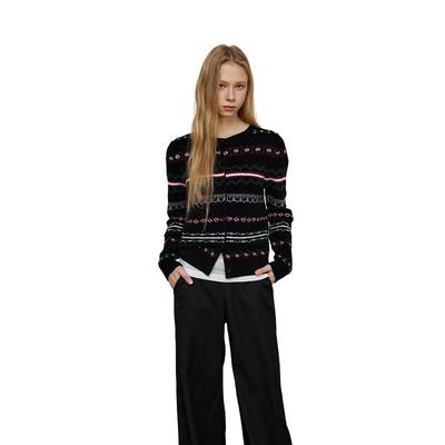 GREEN BELT Retro Fair Isle Color-Block Wool Cardigan