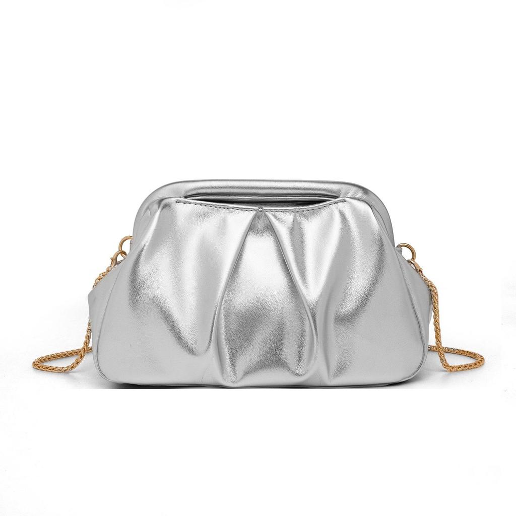 Fashionable Metallic Folded Handbag with Chain Luxury Designer Shoulder Cloud Purse Women Wedding Evening Clutch Bag Party Bag