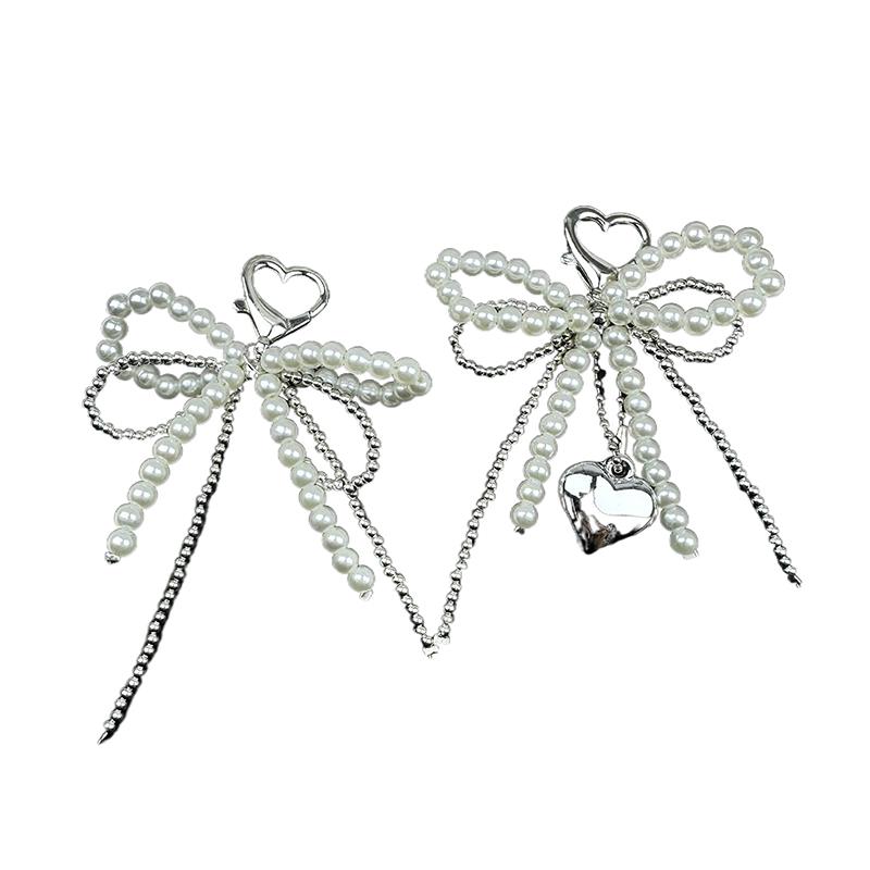 Sweet Bowknot Heart Keychain Pendant Lovely Beaded Hanging Decorations Keyring Charm Phone Lanyard Phone Charm Bag Pendant