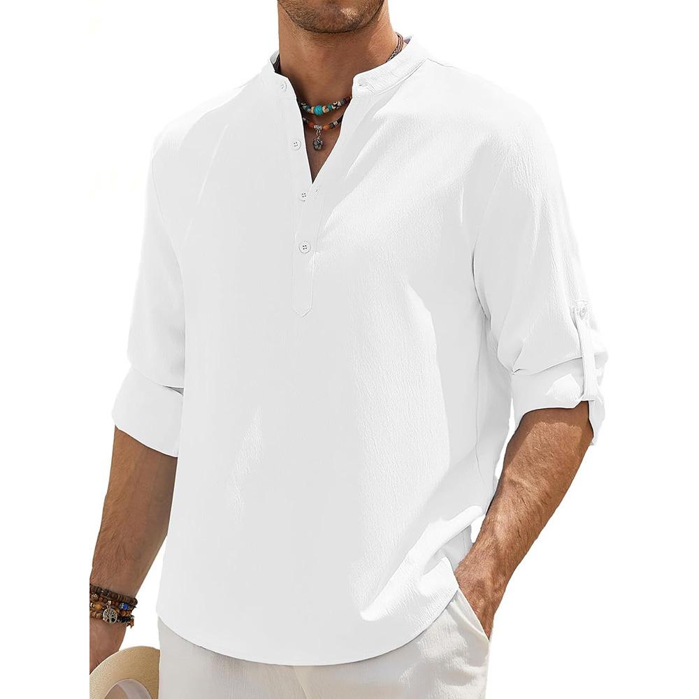 Men's Cotton Linen Long Sleeve Polo Shirt Henley Neck Lightweight Breathable Casual Button Tops Beach Style Simple Male Clothing