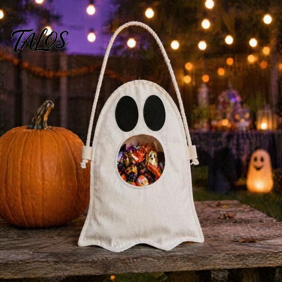 Trick or Treat Bucket Halloween Ghost Candy Bag for Kids, Cute Fabric Durable Holder Tote with Handle, Spooky Snack Goodie Bags Party Supplies
