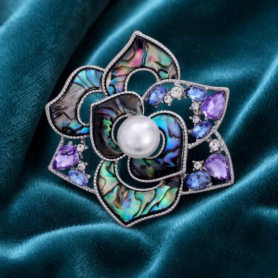 Camellia Brooch, 3D Hollow Floral Design Suit Badge with Imitation Pearl Cubic Zirconia Embellishment, Brooch Pin for Suits Scarves Accessories