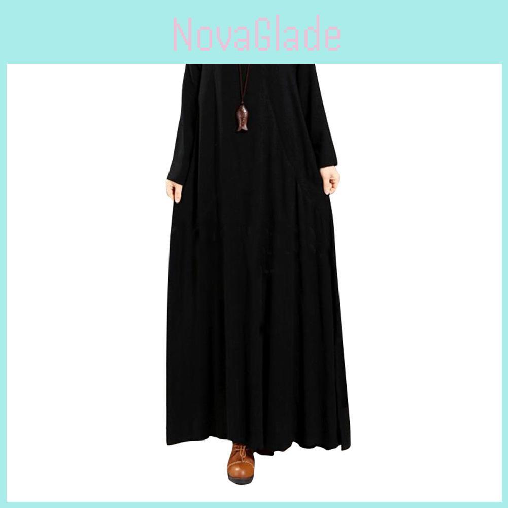Elegant Plus Size Women Cotton Long Sleeve Vintage Kaftan Casual Maxi Dress