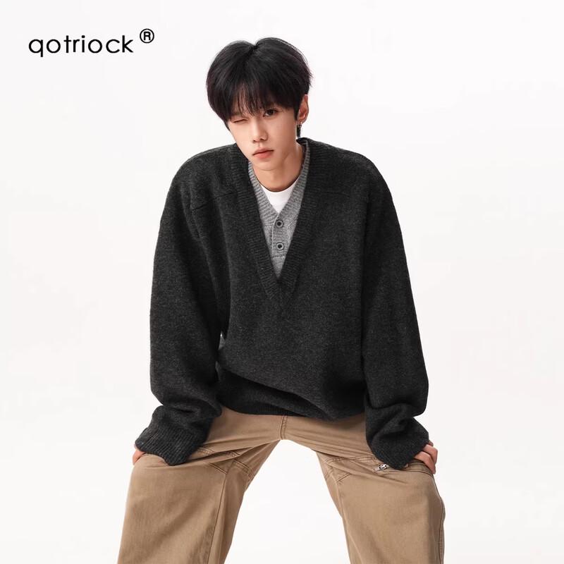 QOTRIOCK Faux Two-Piece V-Neck Color-Block Sweater L