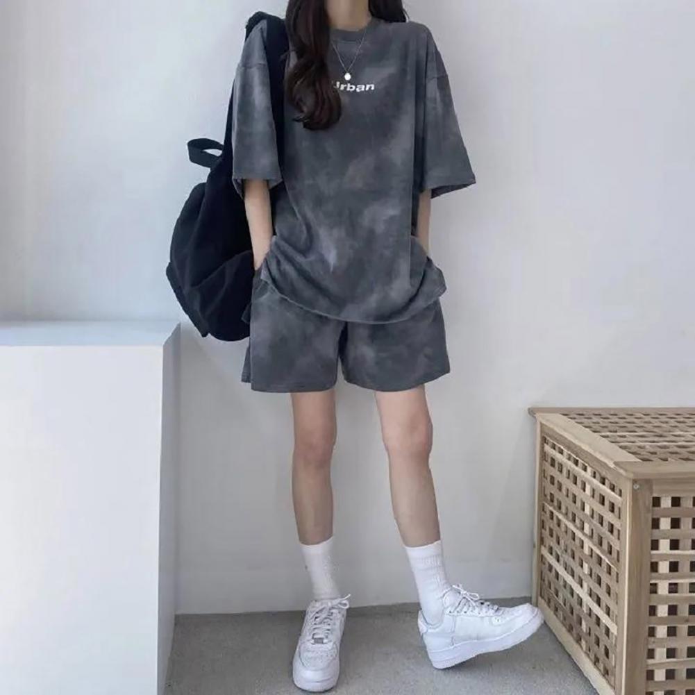 Women T-Shirt Shorts Suit Set Casual Tie Dye Loose Tshirt and Wide Leg Middle Shorts with Pockets Female Soft Summer Shorts Sets