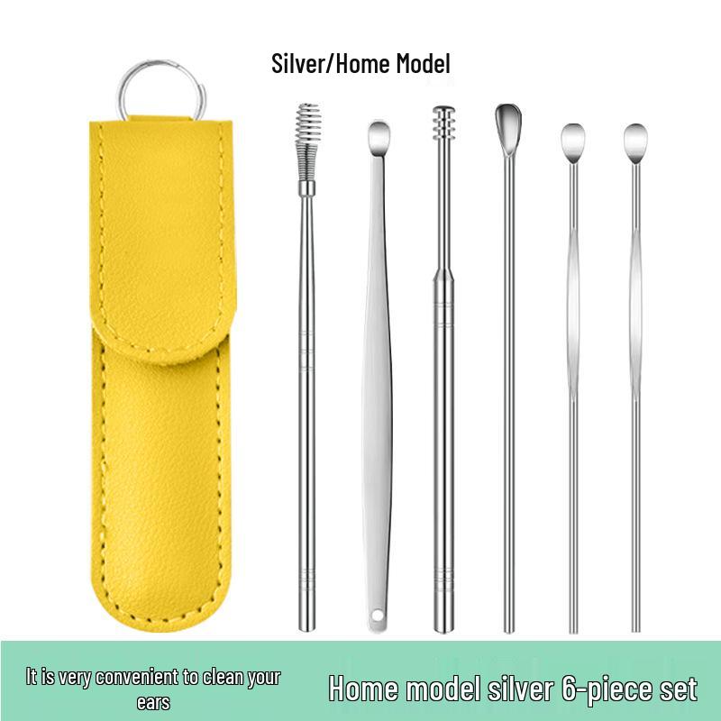6-Piece Stainless Steel Ear Cleaning Set: Portable Spiral and Spoon Tools