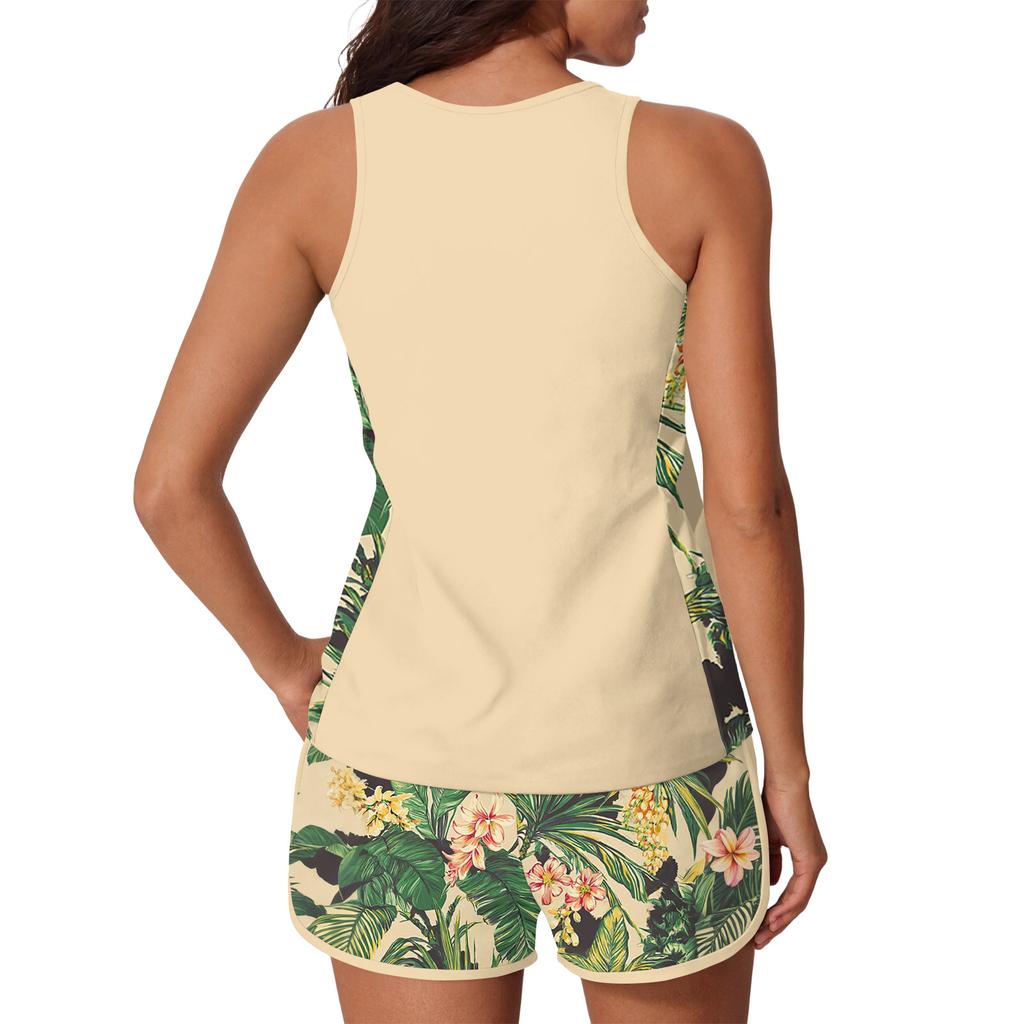 Women’s Two Piece Tankini Set with Tropical Print Sleeveless Top and Swim Shorts for Beach or Pool Activities