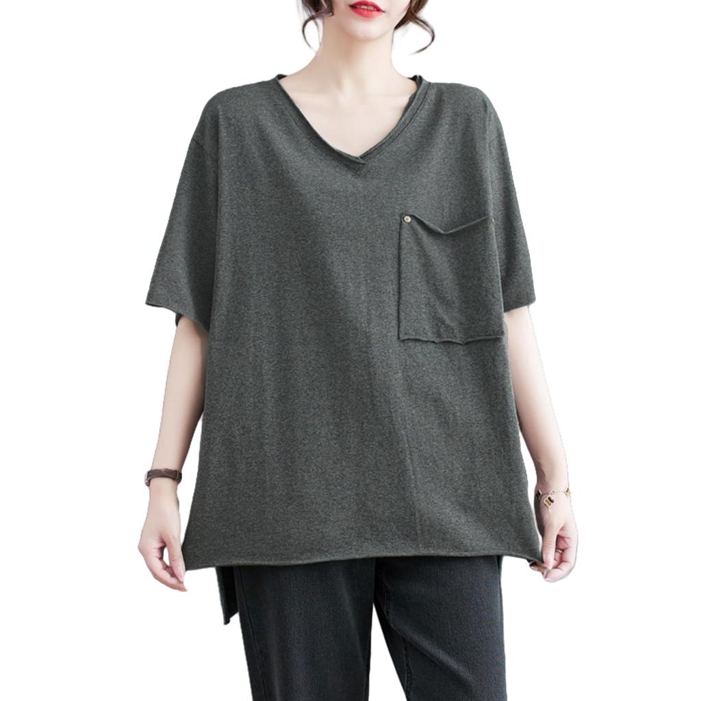 [MlleeSSeeldyTRC] Women's T-Shirt – Short Sleeve, V-Neck, Solid Color, Loose Fit, Size XL, Casual, Breathable, with Pocket