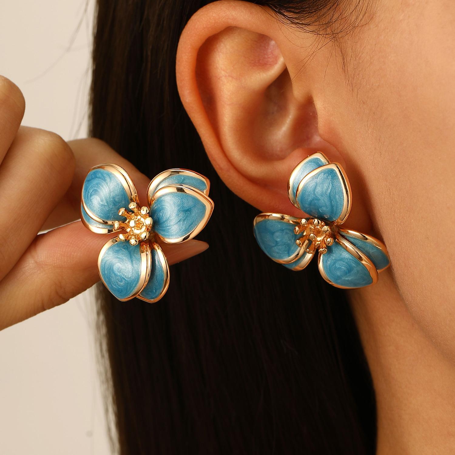 

Elegant Flower Drip Glaze Stud Earrings for Women Vintage Polychrome Double Layered Petals Earrings Piercing Romantic Zircon