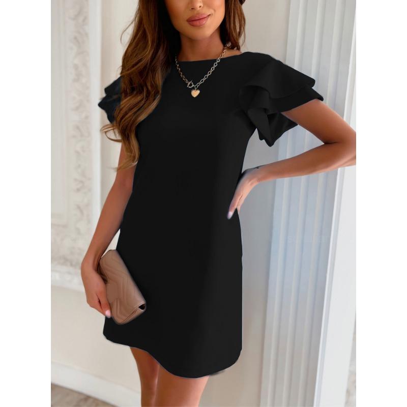 Summer Simple Short Sleeved Fashion Ruffled Dress Women Backless O Neck Solid Color Elegant Casual Simple Loose A-line Party Short Dresses Female