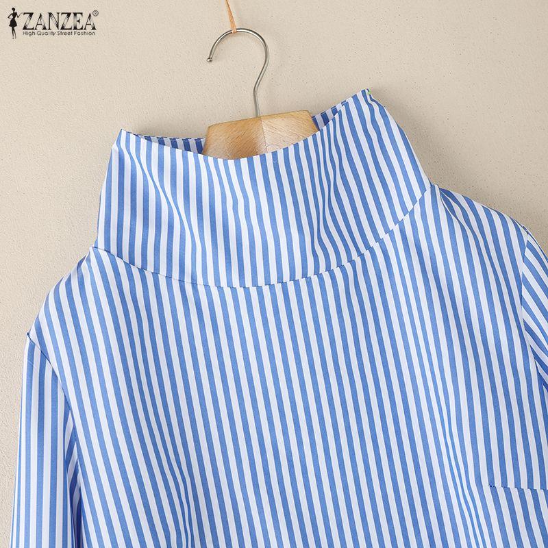 ZANZEA Women Casual High Neck Loose Long Sleeve Stripe Blouse