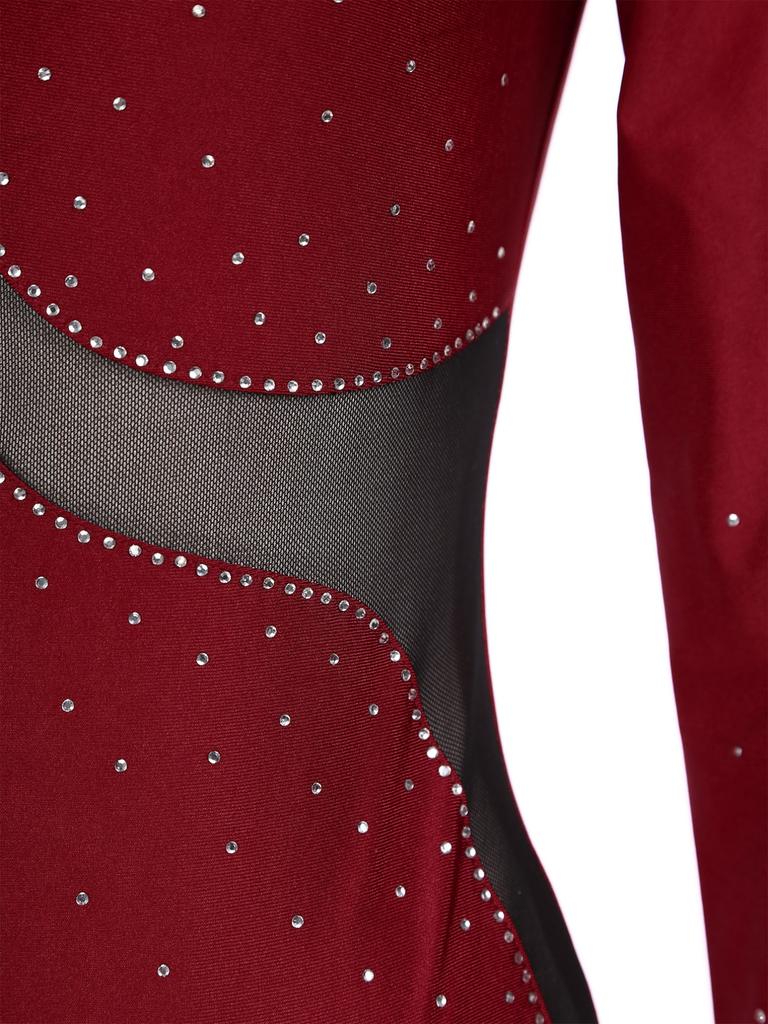 Macacão feminino de manga comprida com malha de ginástica brilhante com strass brilhante