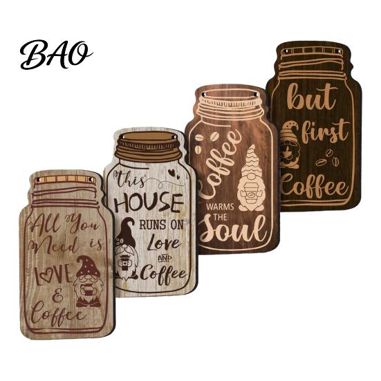 Coffee Theme Wall Hanging 4Pcs Bar Wooden Sign, Farmhouse Rustic Mason Jar Shaped Art Decoration, Plaque for Cafe Kitchen Dining Room Sign