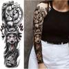 Lion & Wolf Tribal Temporary Tattoo Sleeve - 4 Sheets, Large Full Arm Fake Tattoos for Men & Women, Long-Lasting Black Body Art Stickers