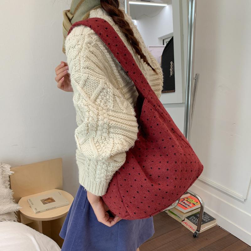 Polka Dot College Style Women Woolen Shoulder Bags Large Capacity Ladies Casual Tote Bag Versatile Portable Female Handbags