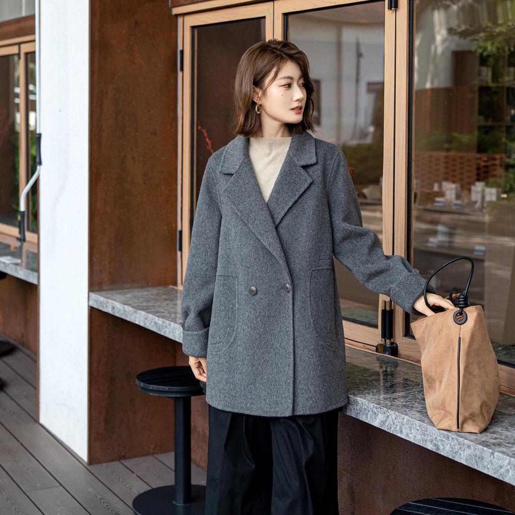 Gray Double-Sided Cashmere Coat - Korean Style Mid-Length Outerwear for Autumn/Winter