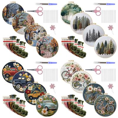 4pcs Stamped Cross Stitch Kits with Embroidery Hoop Needles Threads Instruction Embroidery Kit with Pattern Cross Stitch Set
