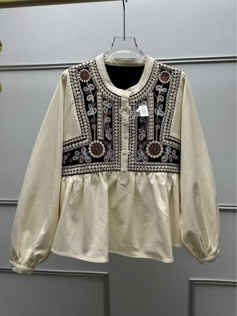 Camicia Larga Ricamata Francese Stile Bohemien con Maniche a Lanterna