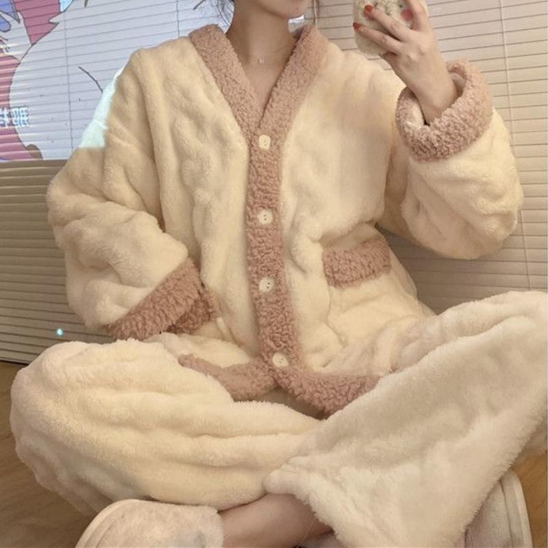Coral Fleece Pajamas Women  Autumn and Winter  Thickened Fleece-lined Graceful Home Wear Set