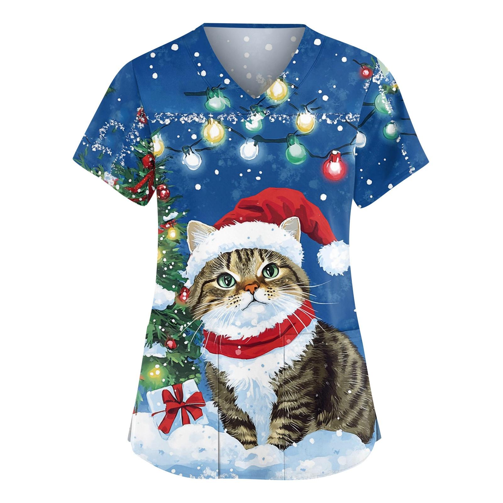 

Women s Fashionable V-neck Workwear Christmas Printed Short Sleeved Pocket Side Slit Workwear Basic Pullover Top XXXXXL