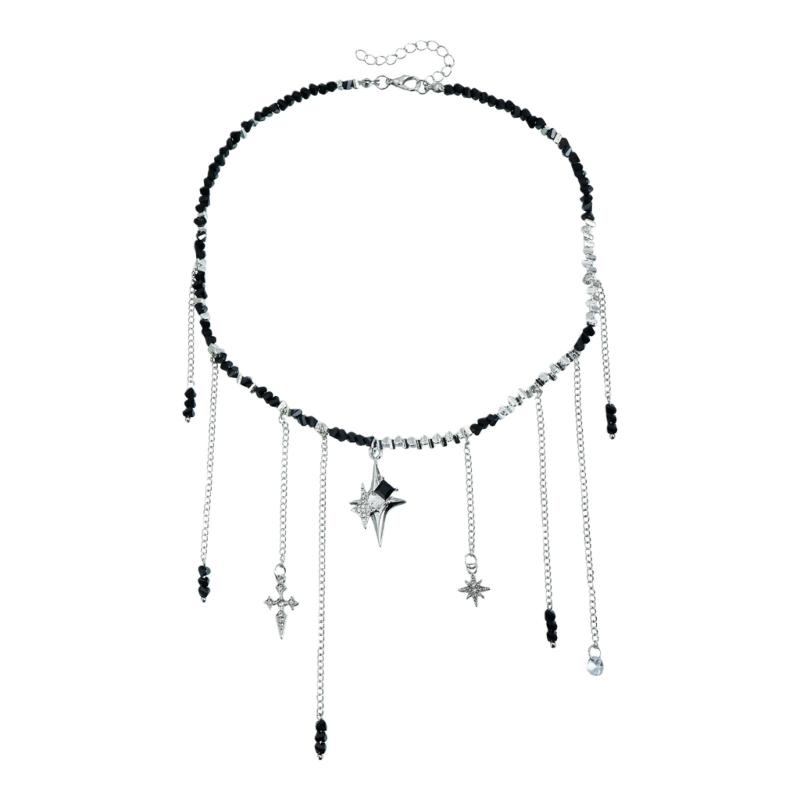 Черная Бусина Сплав Смола Кисточки Ожерелье со Звездами Крестами Дизайн Регулируемая Длина Ключичная Цепь для Повседневной Носки 1